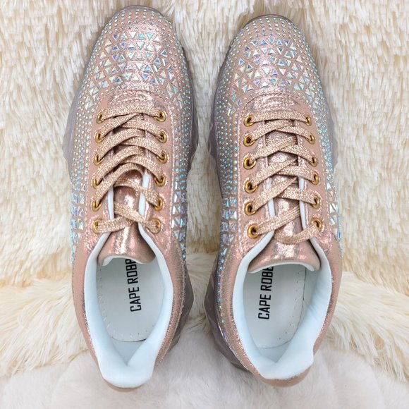 NWT Size 8/8.5 Iridescent Rhinestone and beaded Lace Up Sneakers - Picture 9 of 13